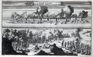 Slag tussen de zeerovers en de Spanjaarden tijdens de aanval op Panama in 1671 door Dutch School